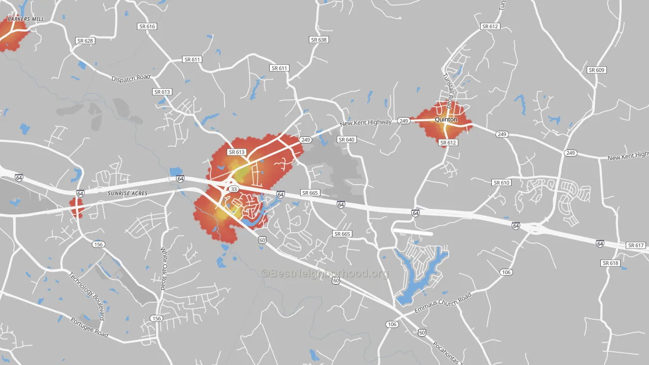 Walk Grade map of Quinton, VA, walkable areas in green and car-dependent areas in red