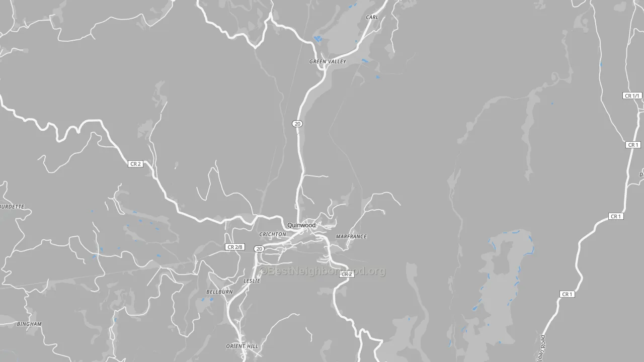Walk Grade map of Quinwood, WV, walkable areas in green and car-dependent areas in red