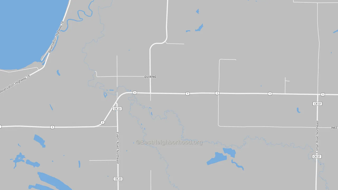Walk Grade map of Quiring, MN, walkable areas in green and car-dependent areas in red