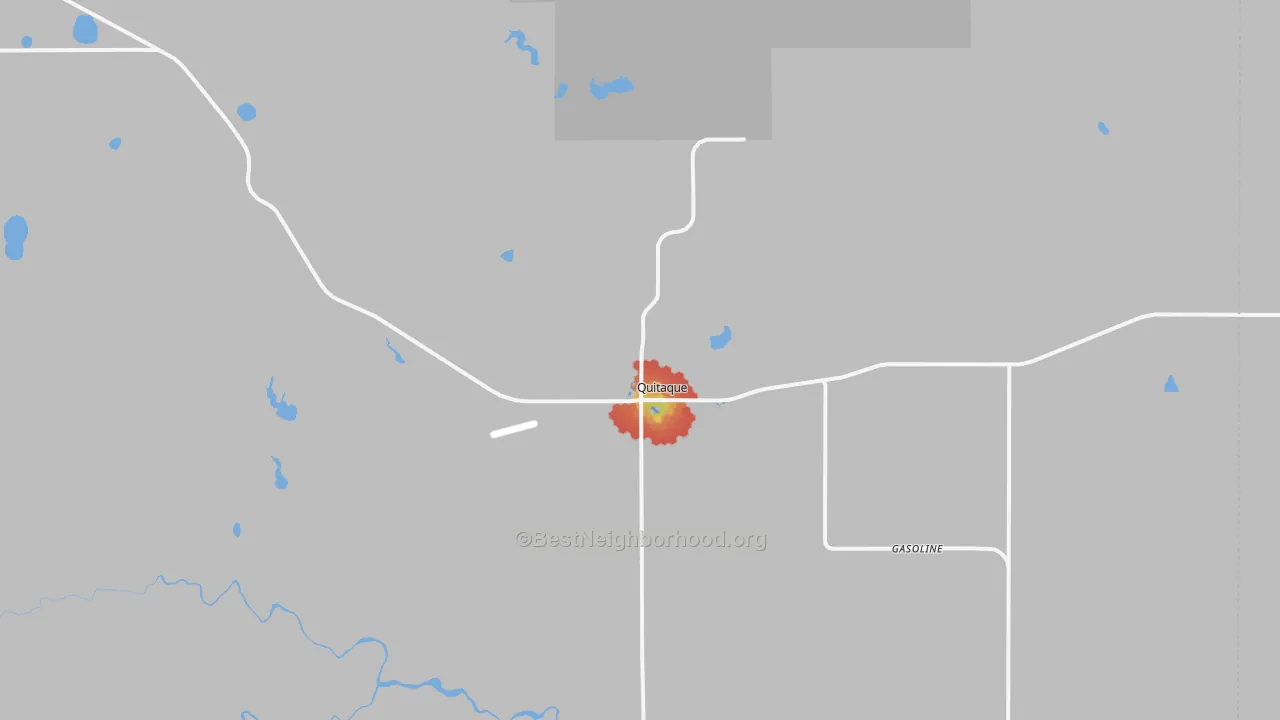 Walk Grade map of Quitaque, TX, walkable areas in green and car-dependent areas in red