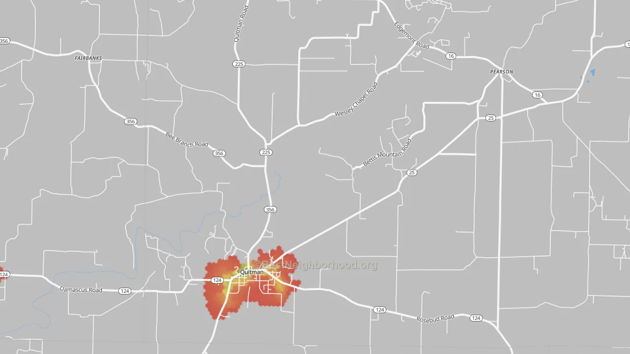 Walk Grade map of Quitman, AR, walkable areas in green and car-dependent areas in red