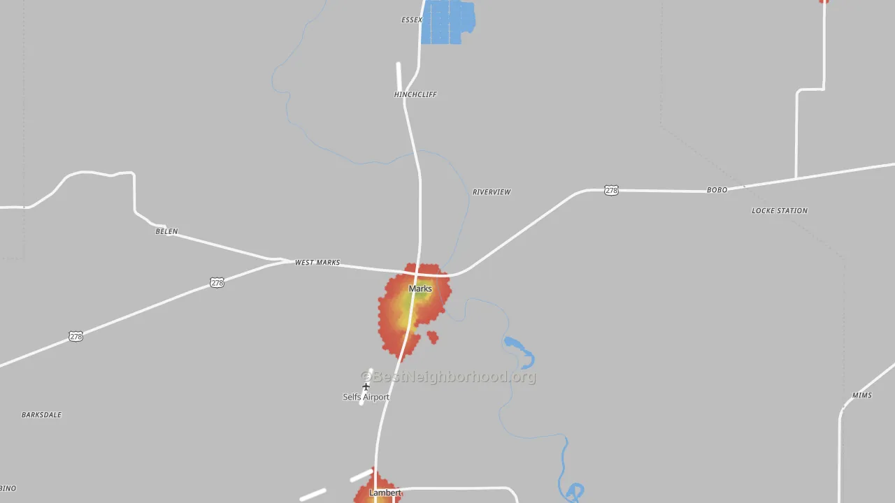 Walk Grade map of Quitman County, MS, walkable areas in green and car-dependent areas in red