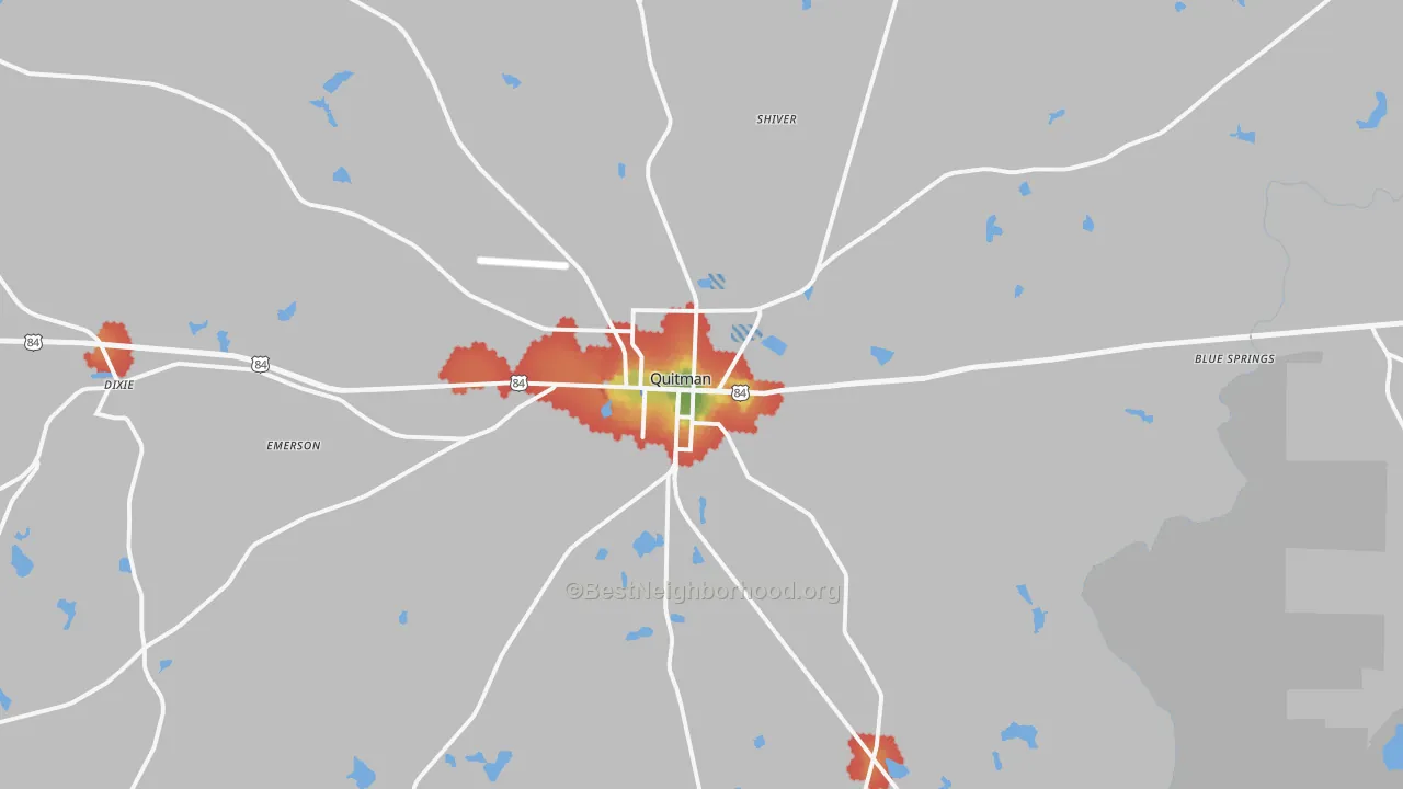 Walk Grade map of Quitman, GA, walkable areas in green and car-dependent areas in red