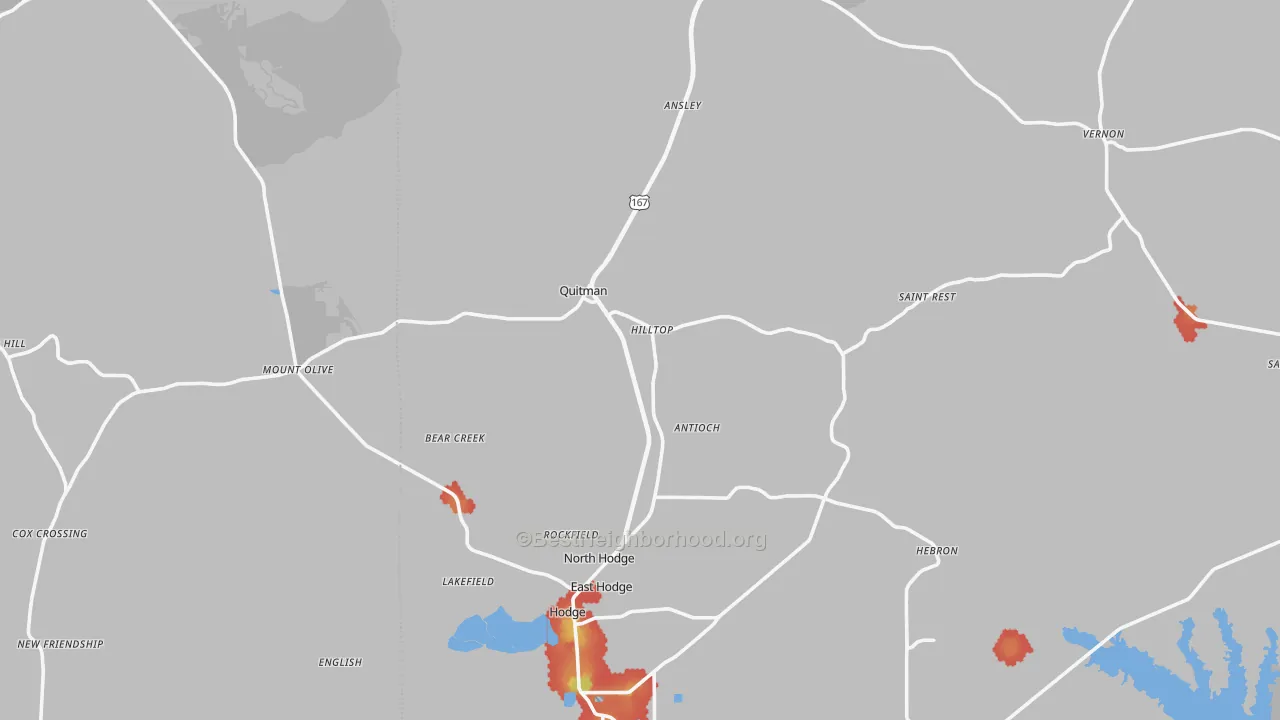 Walk Grade map of Quitman, LA, walkable areas in green and car-dependent areas in red