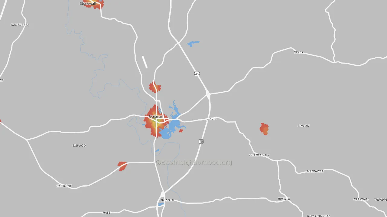 Walk Grade map of Quitman, MS, walkable areas in green and car-dependent areas in red