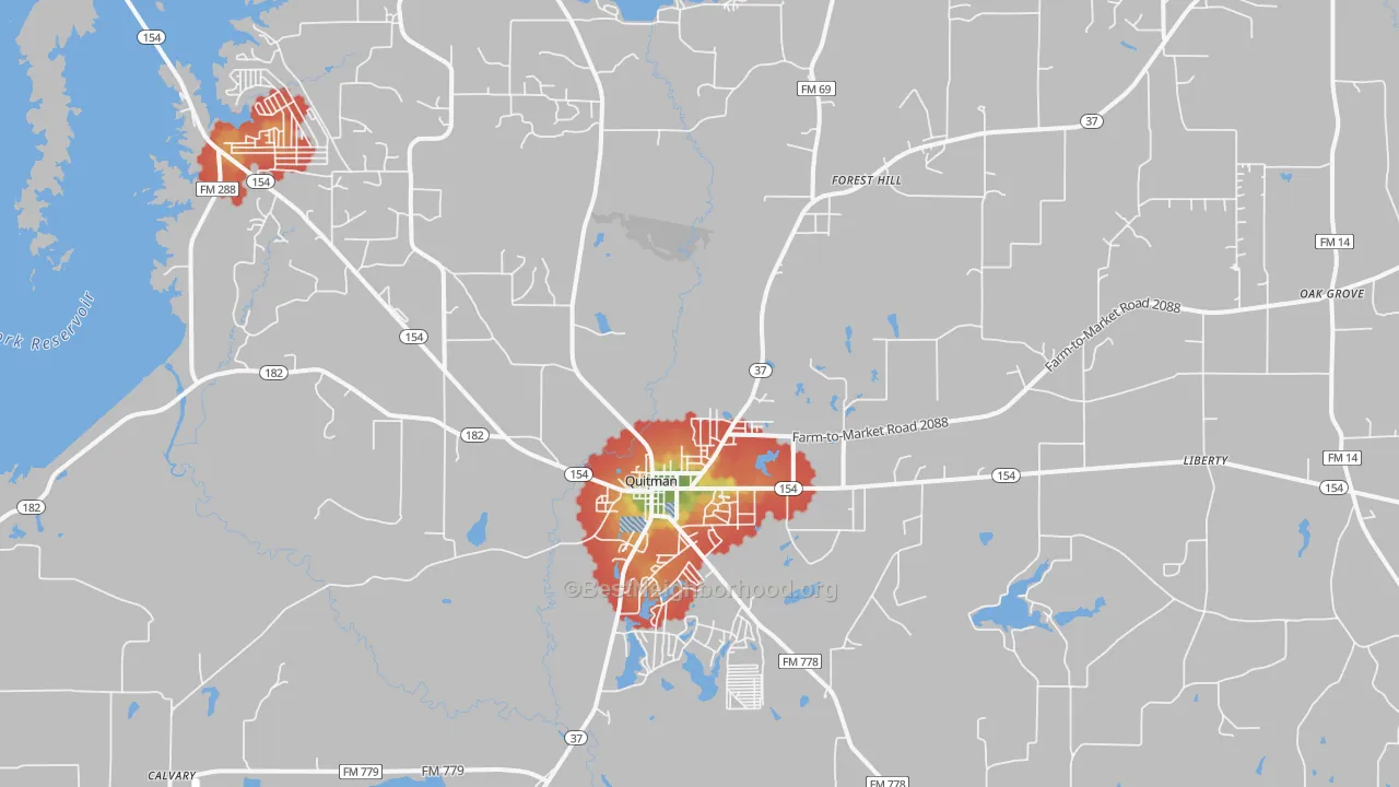 Walk Grade map of Quitman, TX, walkable areas in green and car-dependent areas in red
