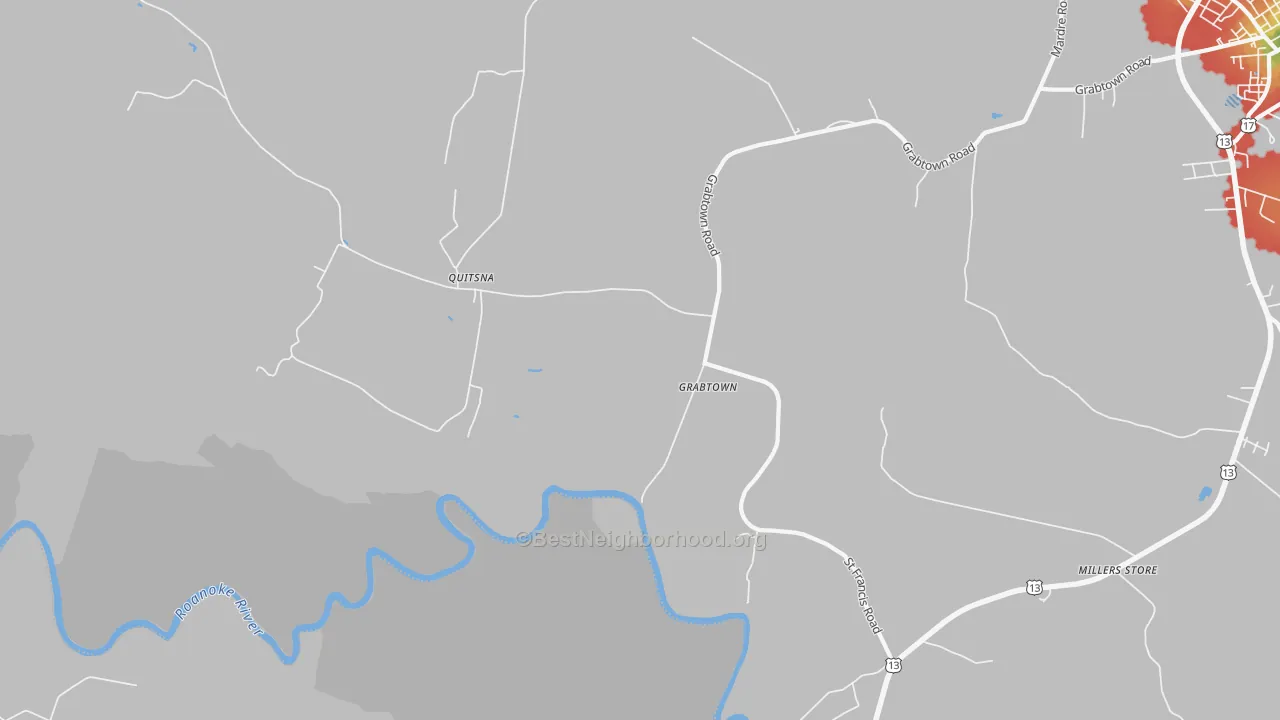 Walk Grade map of Quitsna, NC, walkable areas in green and car-dependent areas in red