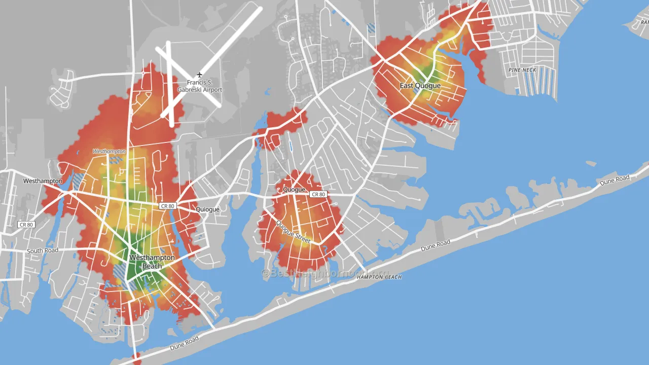 Walk Grade map of Quogue, NY, walkable areas in green and car-dependent areas in red
