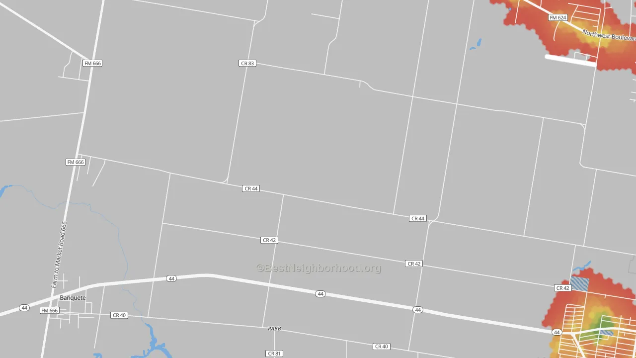 Walk Grade map of Rabb, TX, walkable areas in green and car-dependent areas in red