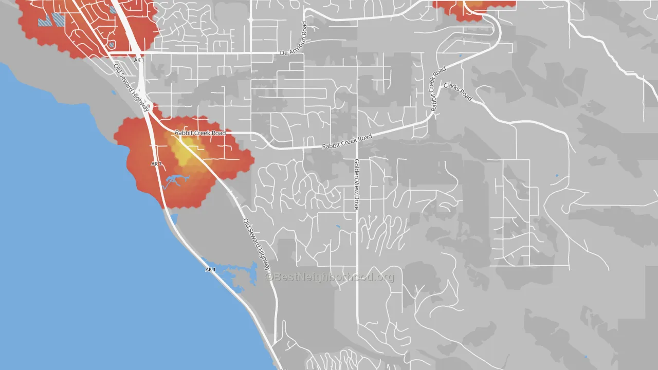Walk Grade map of Rabbit Creek, Anchorage, AK, walkable areas in green and car-dependent areas in red
