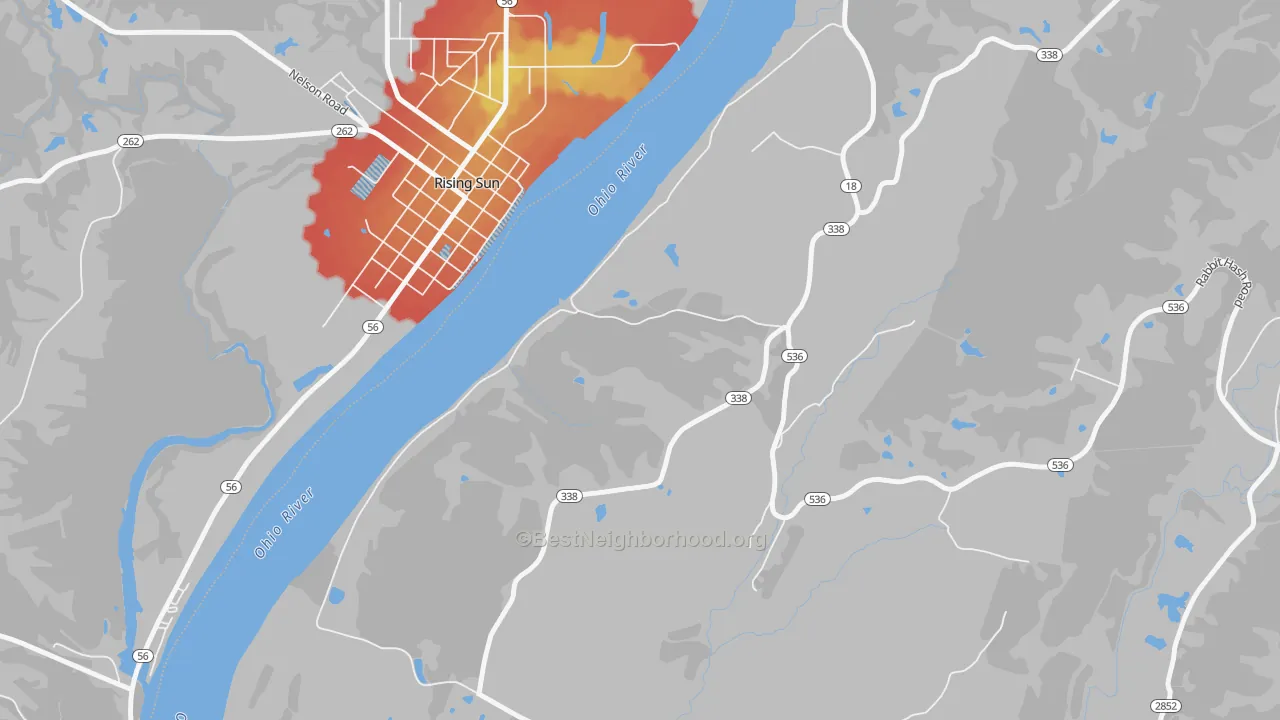 Walk Grade map of Rabbit Hash, KY, walkable areas in green and car-dependent areas in red