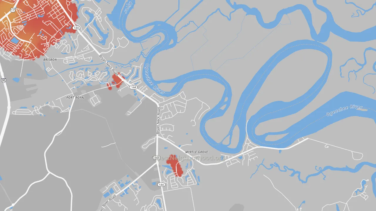 Walk Grade map of Rabbit Hill, GA, walkable areas in green and car-dependent areas in red