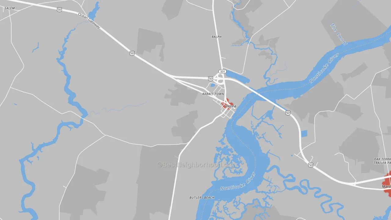 Walk Grade map of Rabbit Town, MD, walkable areas in green and car-dependent areas in red