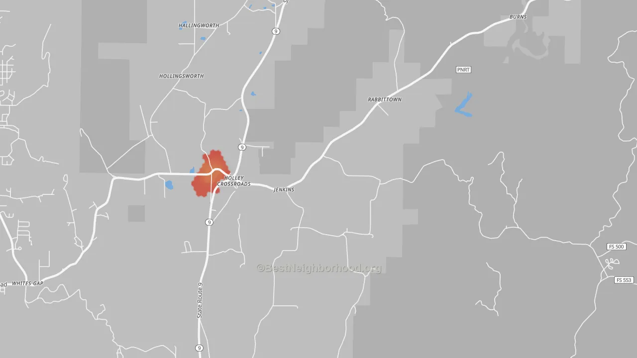 Walk Grade map of Rabbittown, AL, walkable areas in green and car-dependent areas in red