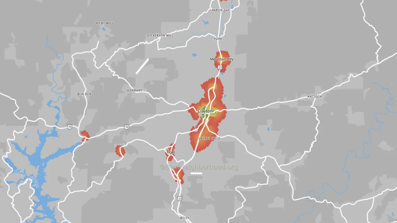 Walk Grade map of Rabun County, GA, walkable areas in green and car-dependent areas in red