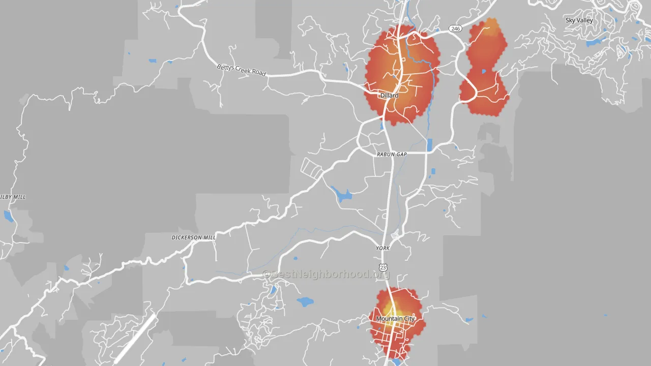 Walk Grade map of Rabun Gap, GA, walkable areas in green and car-dependent areas in red