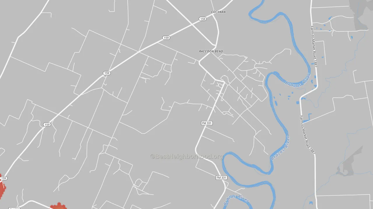 Walk Grade map of Raccoon Bend, TX, walkable areas in green and car-dependent areas in red