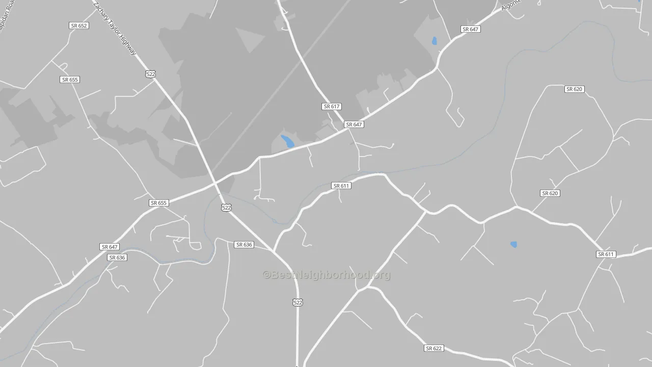 Walk Grade map of Raccoon Ford, VA, walkable areas in green and car-dependent areas in red
