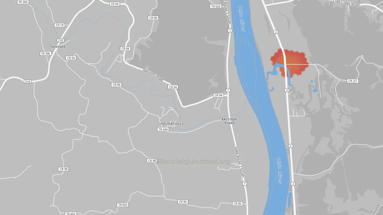 Walk Grade map of Raccoon Island, OH, walkable areas in green and car-dependent areas in red