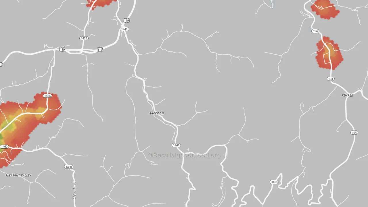 Walk Grade map of Raccoon, KY, walkable areas in green and car-dependent areas in red