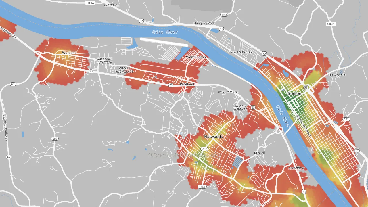 Walk Grade map of Raceland, KY, walkable areas in green and car-dependent areas in red