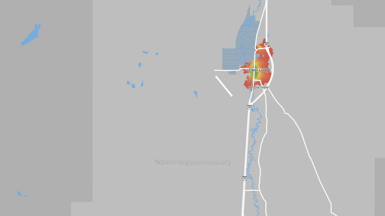 Walk Grade map of Racetrack, MT, walkable areas in green and car-dependent areas in red