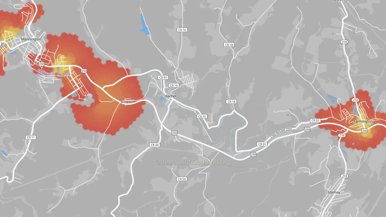 Walk Grade map of Rachel, WV, walkable areas in green and car-dependent areas in red