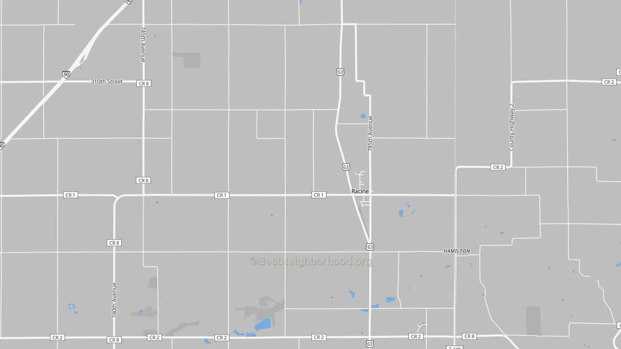 Walk Grade map of Racine, MN, walkable areas in green and car-dependent areas in red