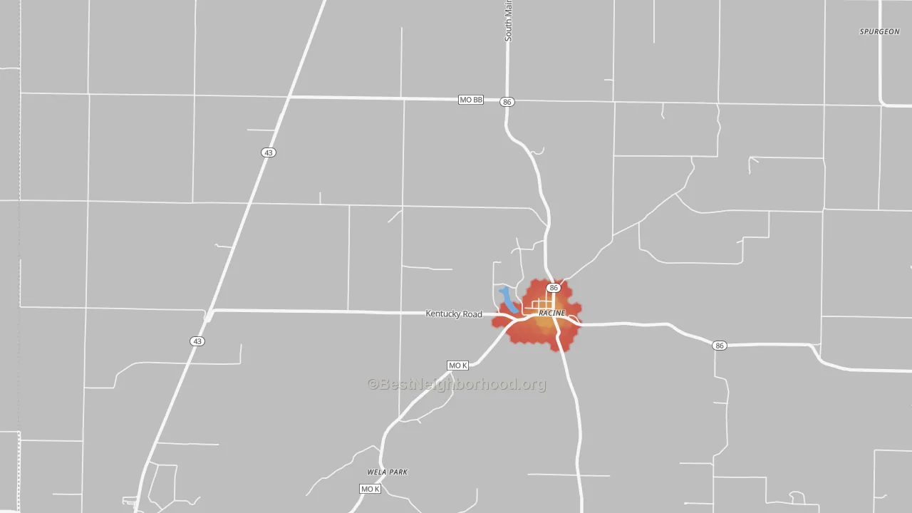 Walk Grade map of Racine, MO, walkable areas in green and car-dependent areas in red