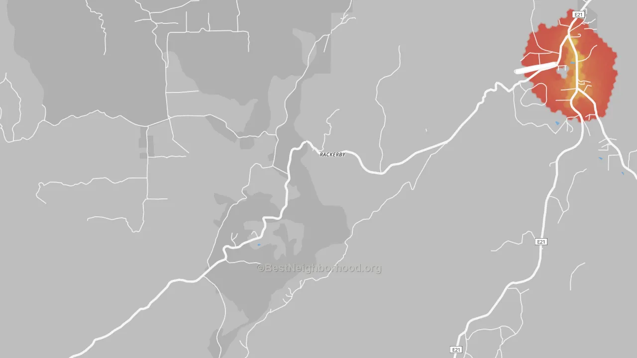 Walk Grade map of Rackerby, CA, walkable areas in green and car-dependent areas in red