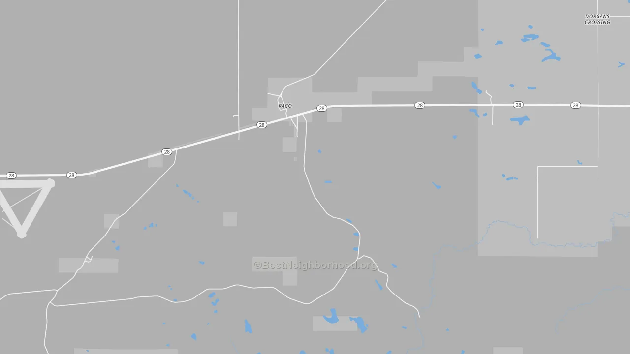 Walk Grade map of Raco, MI, walkable areas in green and car-dependent areas in red