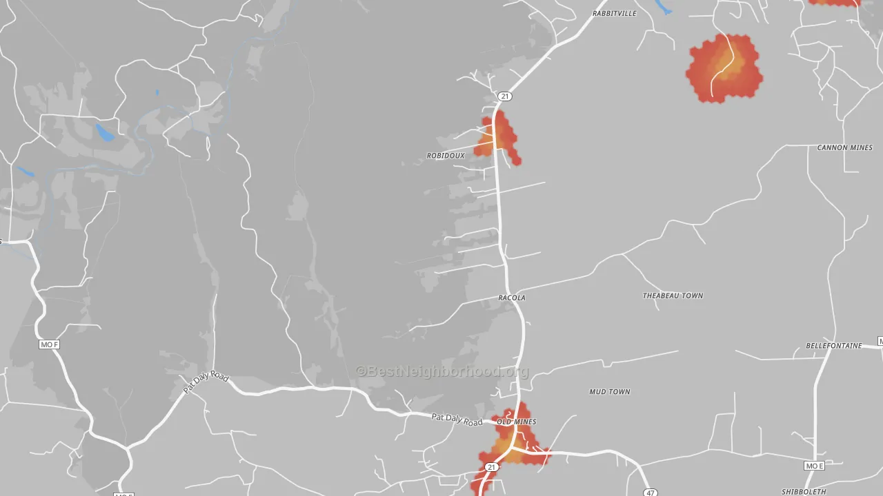 Walk Grade map of Racola, MO, walkable areas in green and car-dependent areas in red