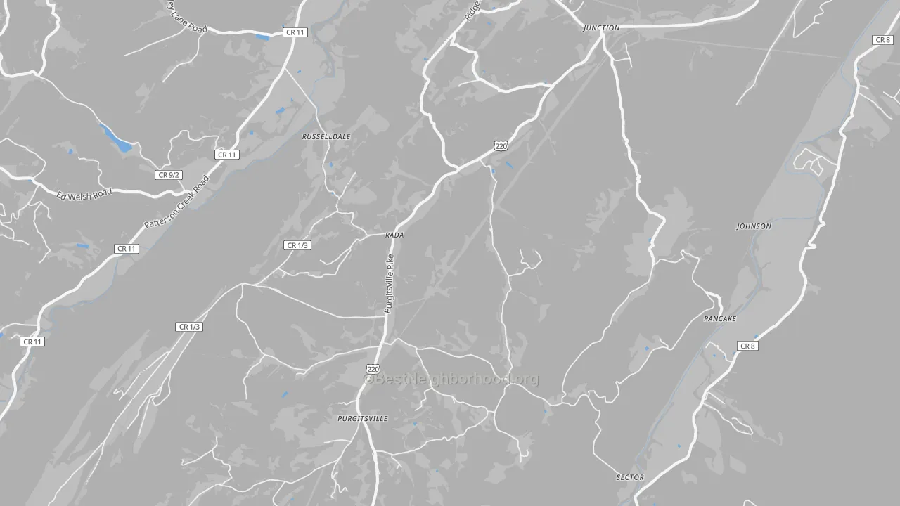 Walk Grade map of Rada, WV, walkable areas in green and car-dependent areas in red