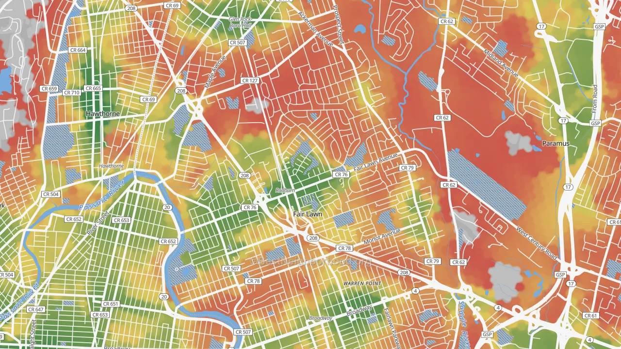 Walk Grade map of Radburn, Fair Lawn, NJ, walkable areas in green and car-dependent areas in red