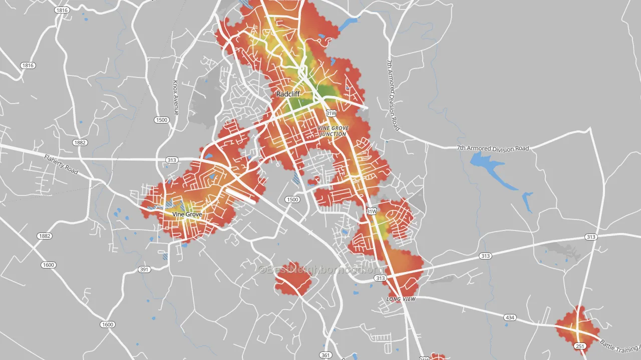 Walk Grade map of Radcliff, KY, walkable areas in green and car-dependent areas in red