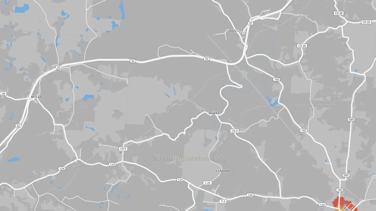 Walk Grade map of Radcliff, OH, walkable areas in green and car-dependent areas in red