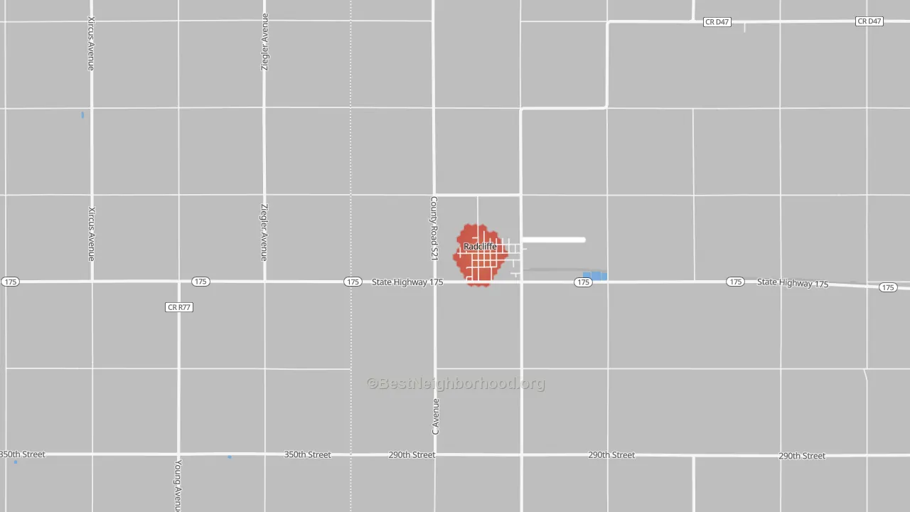 Walk Grade map of Radcliffe, IA, walkable areas in green and car-dependent areas in red