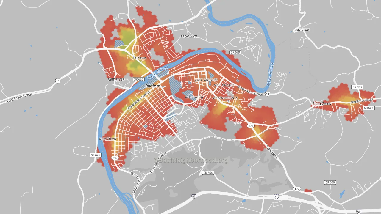 Walk Grade map of Radford City, VA, walkable areas in green and car-dependent areas in red
