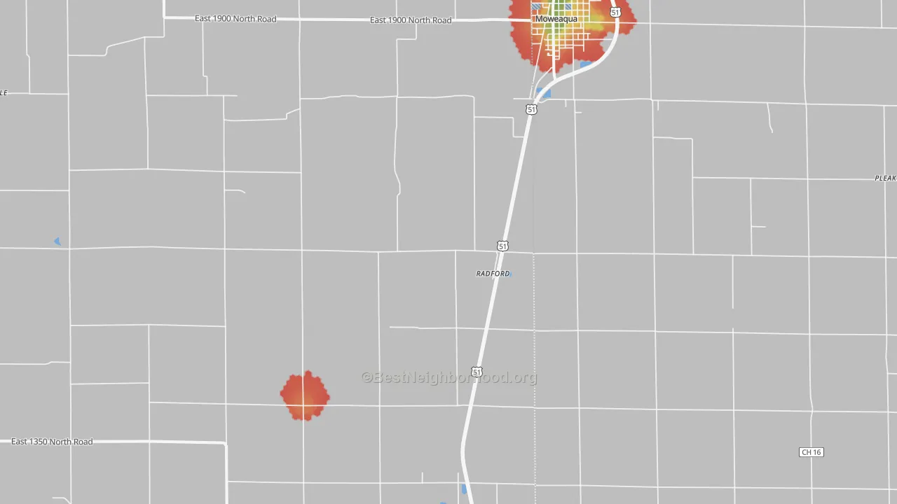 Walk Grade map of Radford, IL, walkable areas in green and car-dependent areas in red