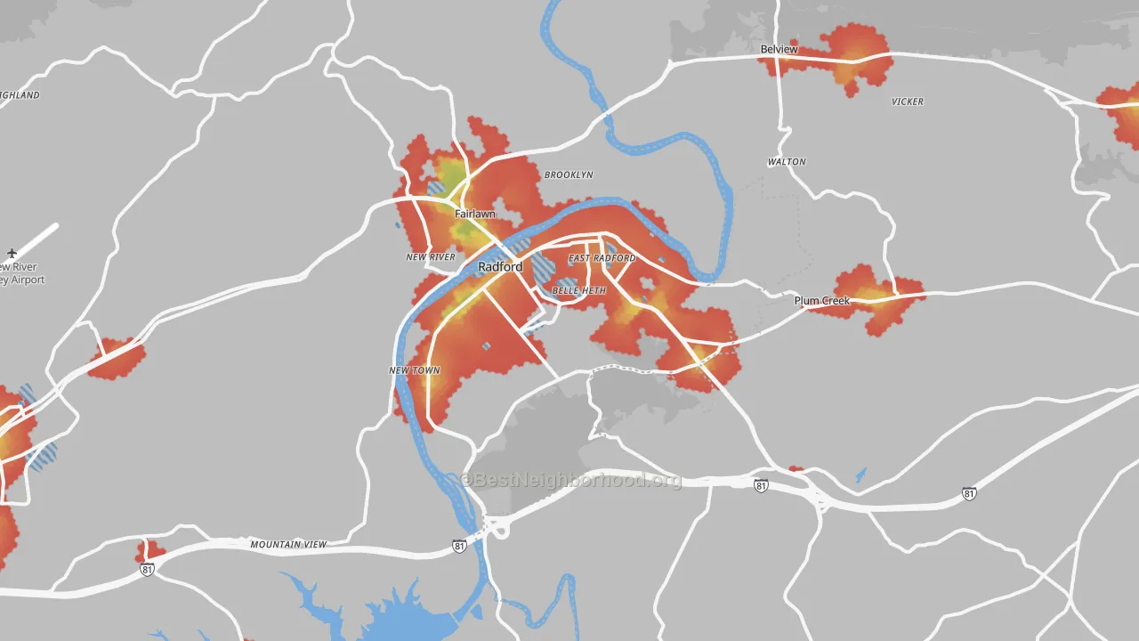 Walk Grade map of Radford, VA, walkable areas in green and car-dependent areas in red