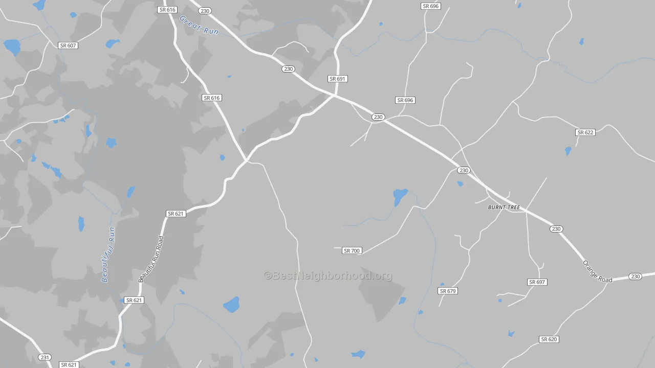 Walk Grade map of Radiant, VA, walkable areas in green and car-dependent areas in red