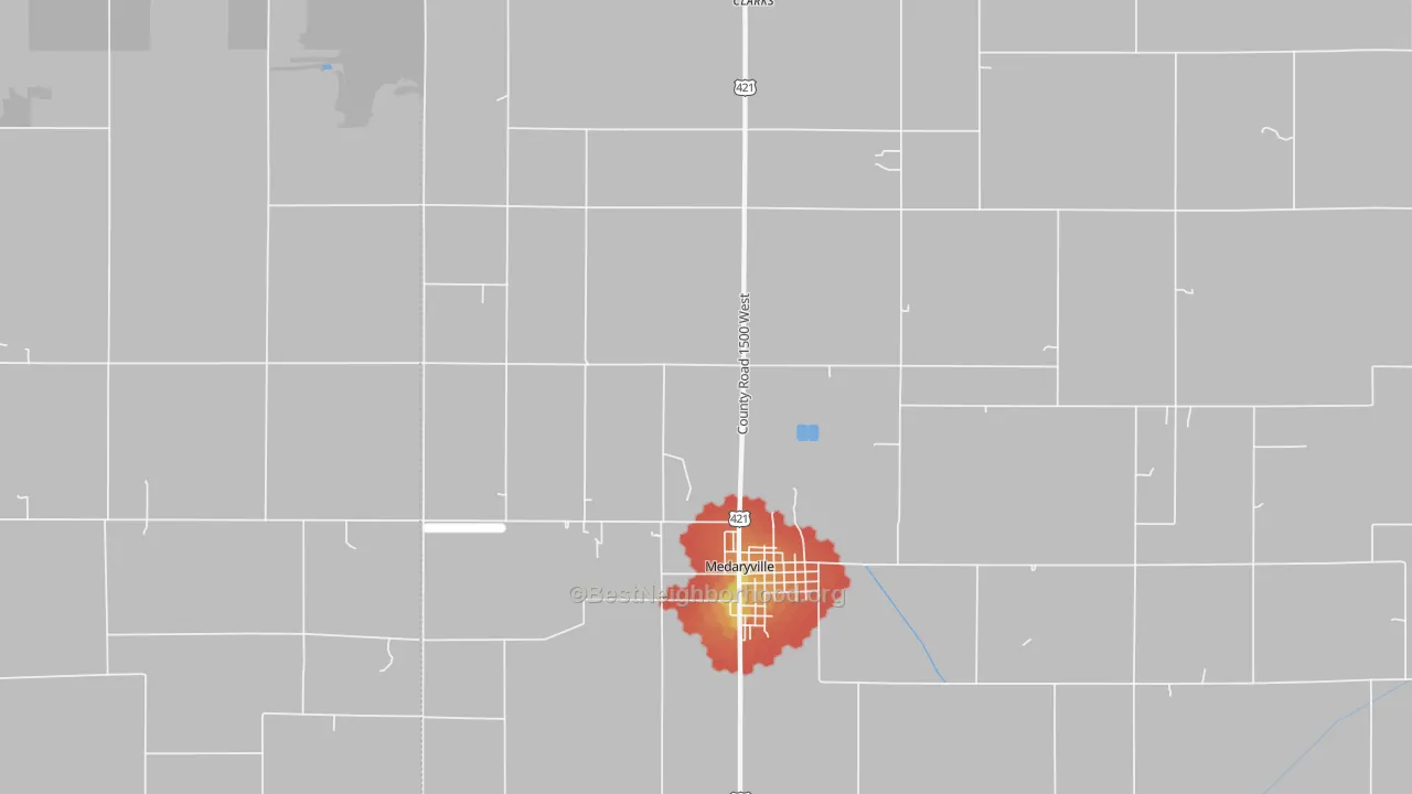 Walk Grade map of Radioville, IN, walkable areas in green and car-dependent areas in red