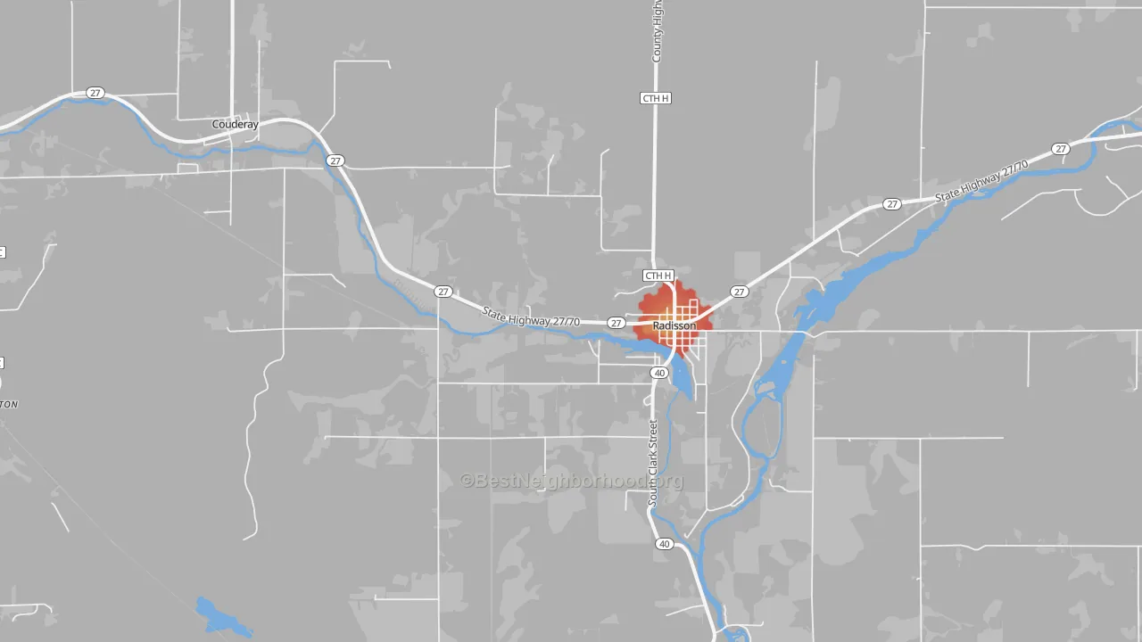 Walk Grade map of Radisson, WI, walkable areas in green and car-dependent areas in red