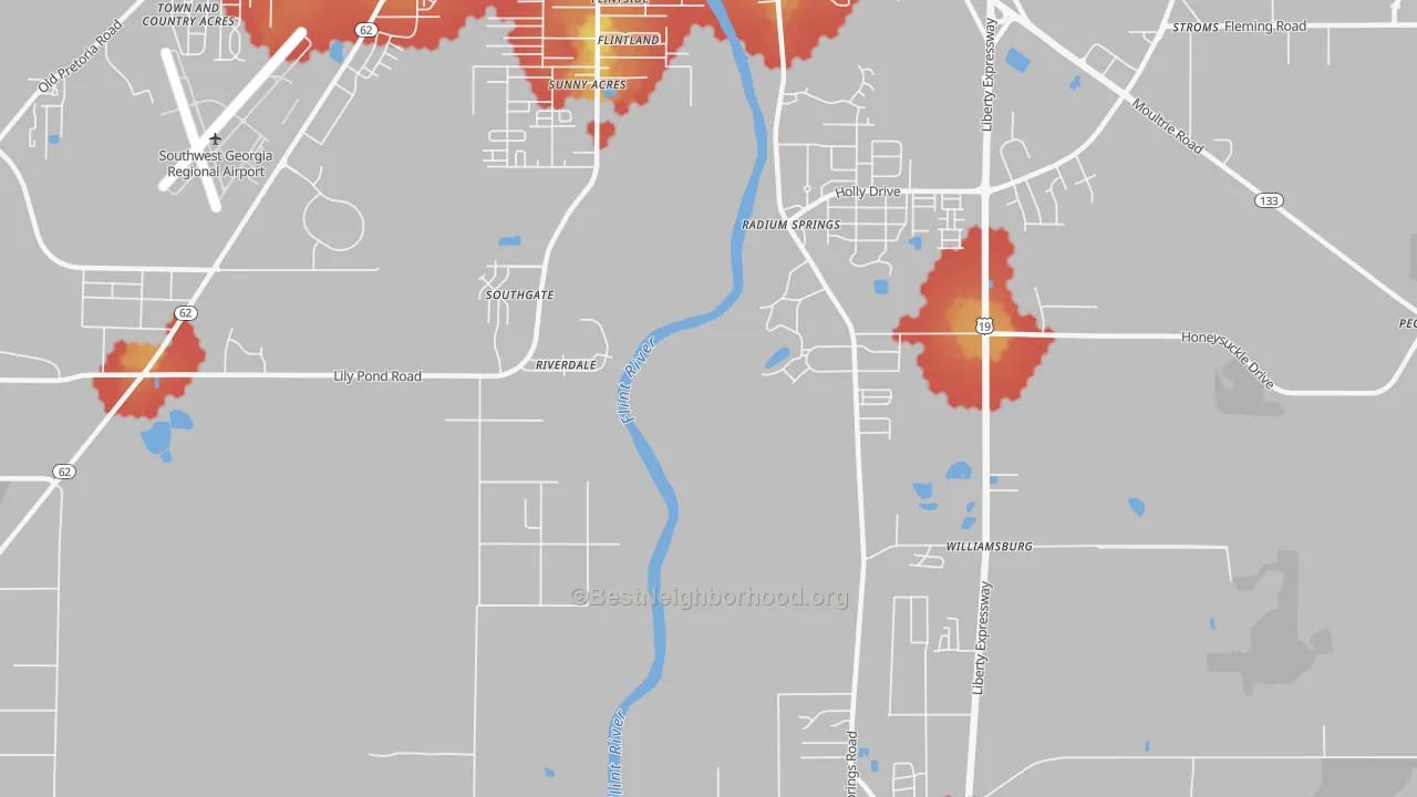 Walk Grade map of Radium Springs, GA, walkable areas in green and car-dependent areas in red