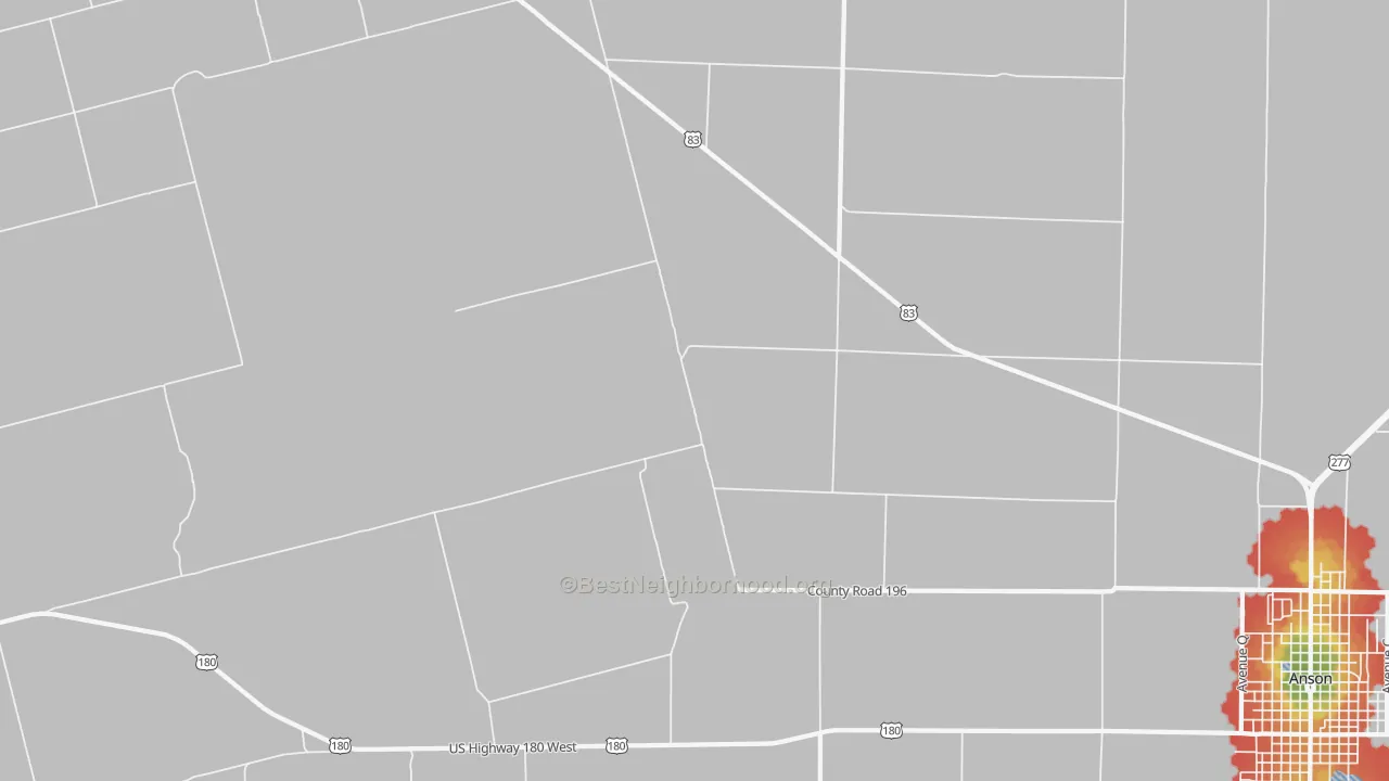 Walk Grade map of Radium, TX, walkable areas in green and car-dependent areas in red