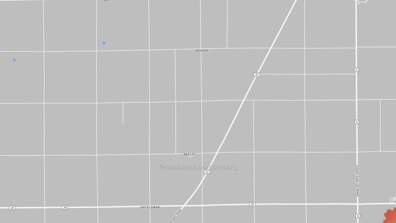 Walk Grade map of Radley, IN, walkable areas in green and car-dependent areas in red