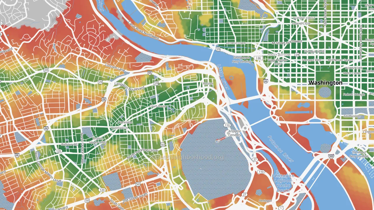 Walk Grade map of Radnor-Ft Myer Heights, Arlington, VA, walkable areas in green and car-dependent areas in red