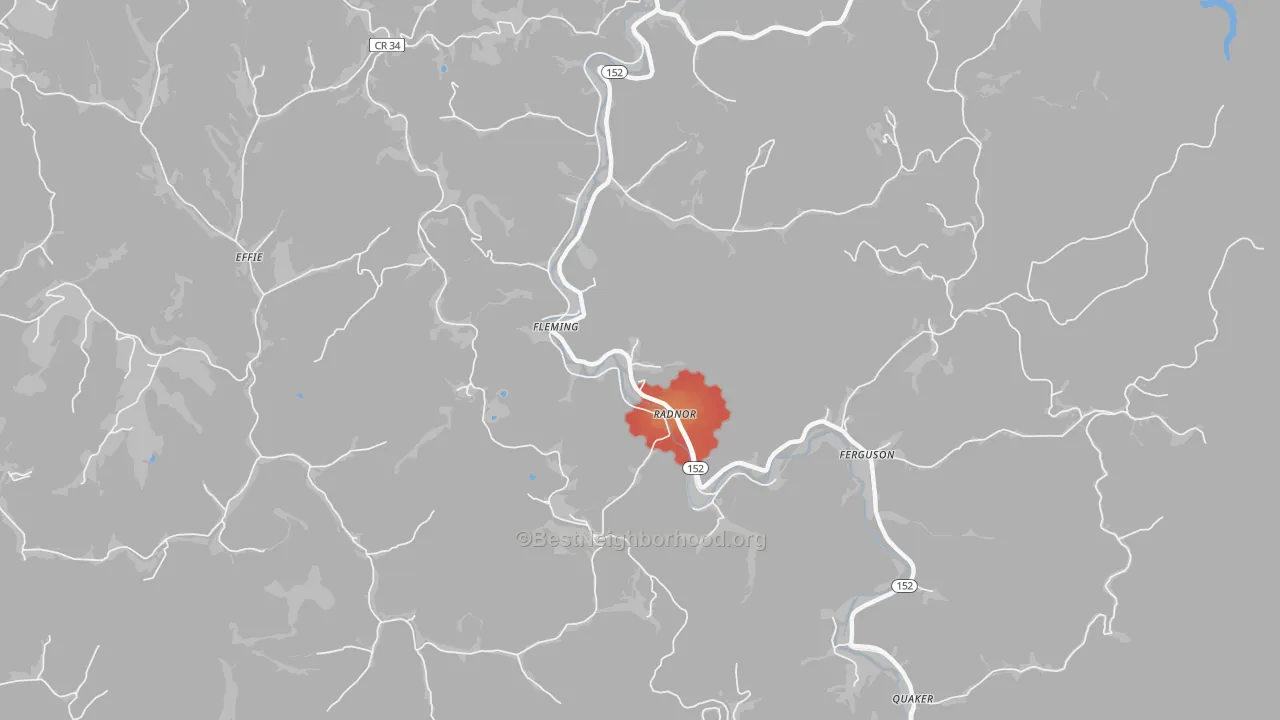 Walk Grade map of Radnor, WV, walkable areas in green and car-dependent areas in red