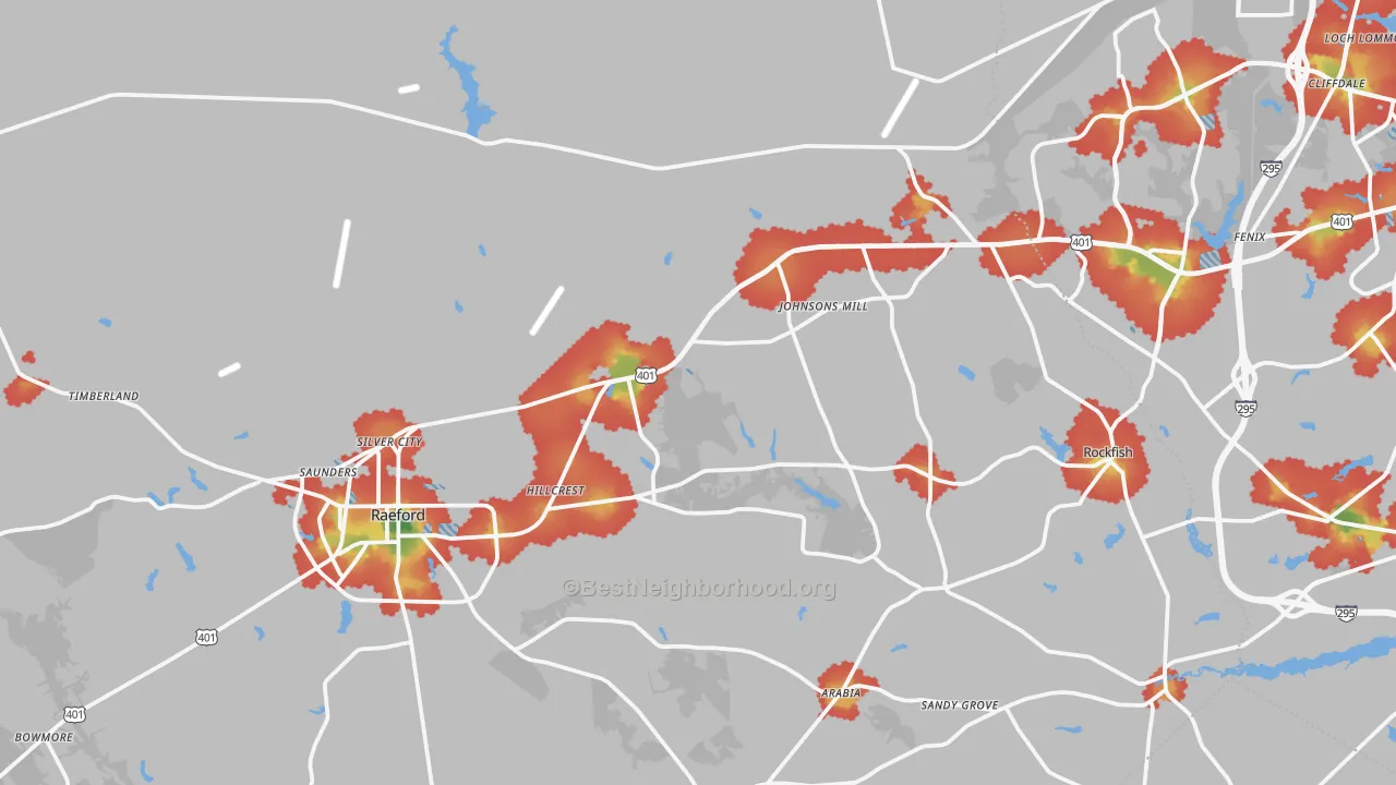 Walk Grade map of Raeford, NC, walkable areas in green and car-dependent areas in red