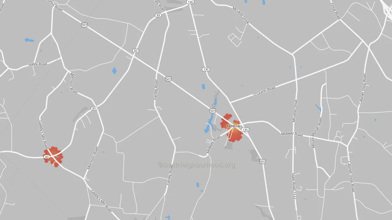 Walk Grade map of Raemon, NC, walkable areas in green and car-dependent areas in red